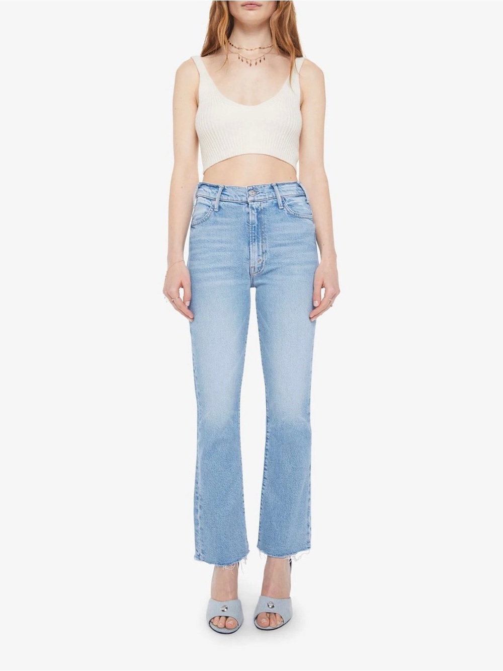 MOTHER Light Blue High-Rise Hustler Ankle Fray Jeans